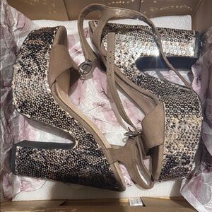 Sequin Platform Sandals - Tan and Silver